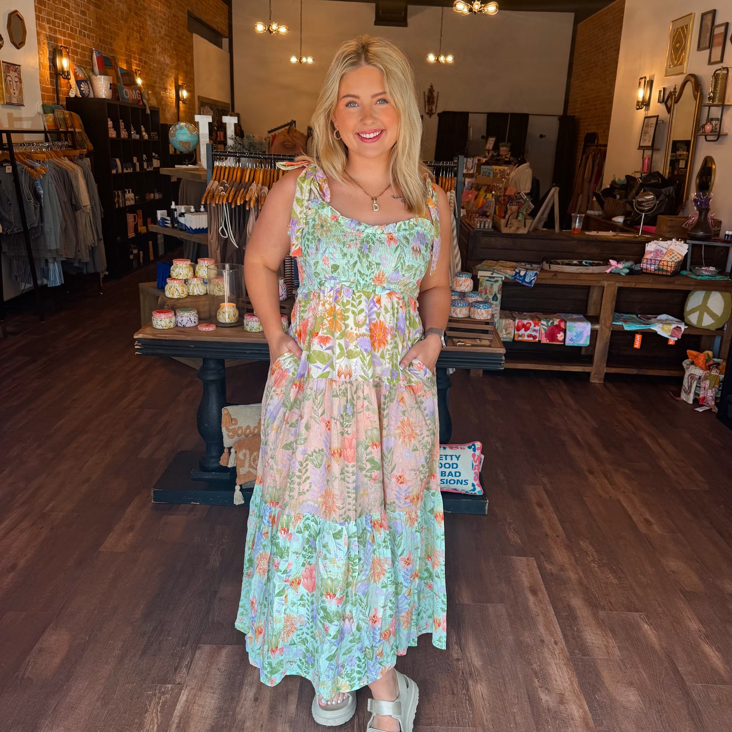 Smocked V-Neck Floral Tie Dress