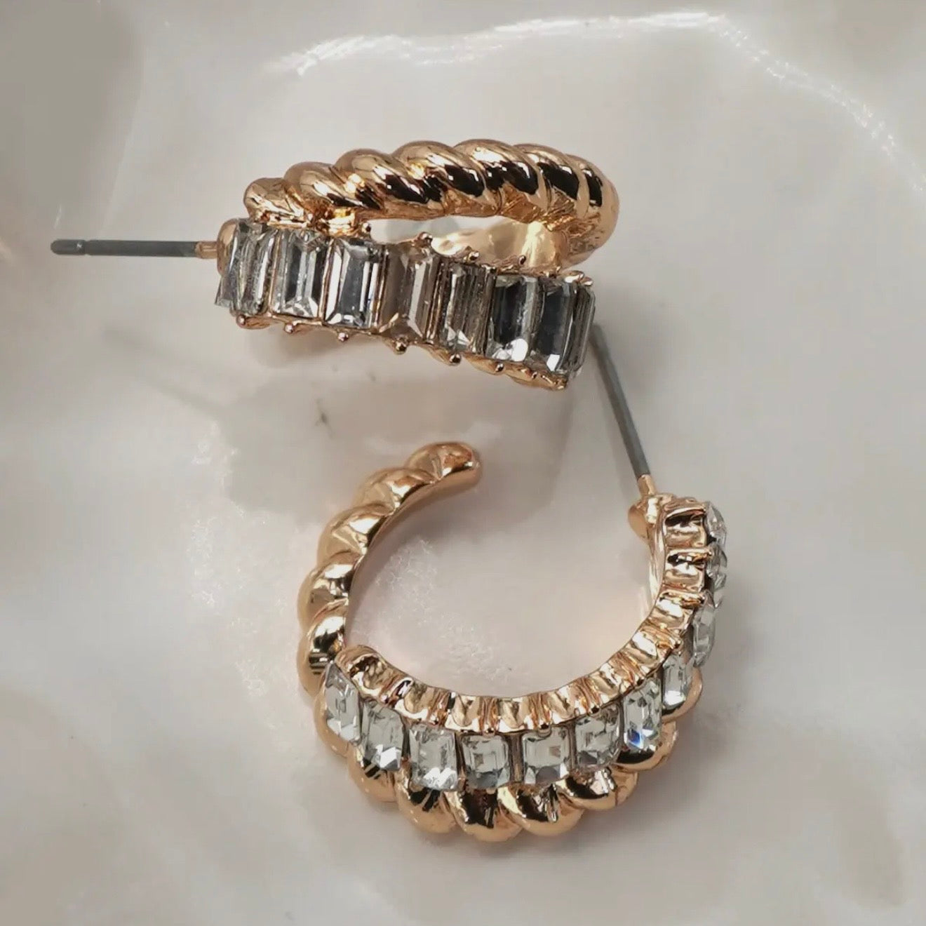 Gold Rhinestone Intwined Huggie Hoop Earrings