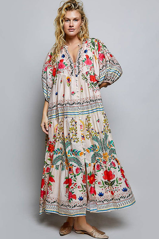 Boho Deep V-Neck Floral Balloon Sleeve Dress