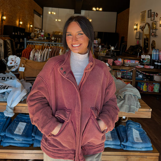 Burgundy Zip Up Mineral Wash Sweatshirt