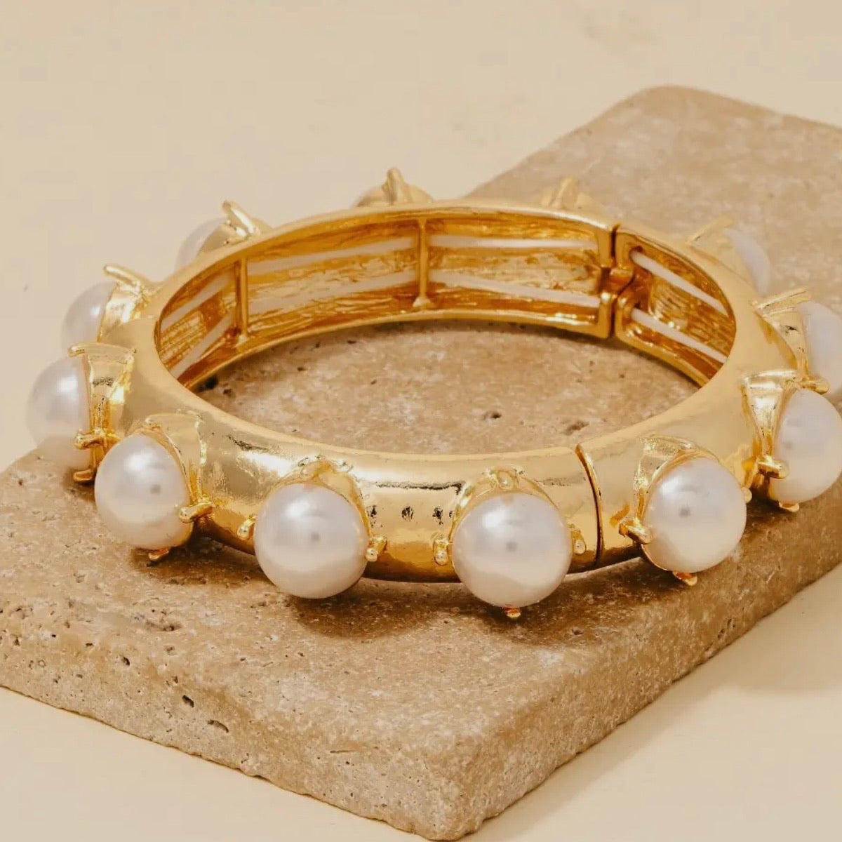 Large Pearl Studded Elastic Bangle Bracelet