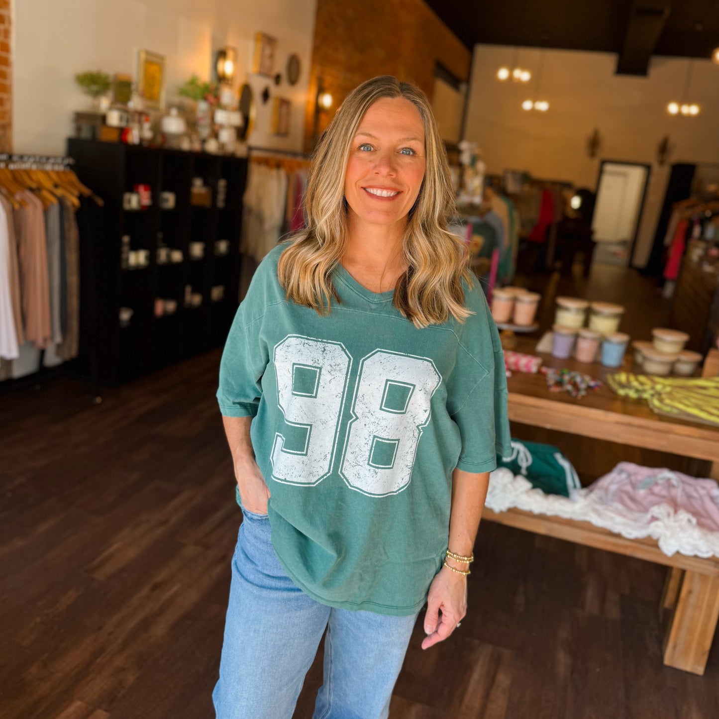 Oversized Varsity Style V-Neck Graphic Tee