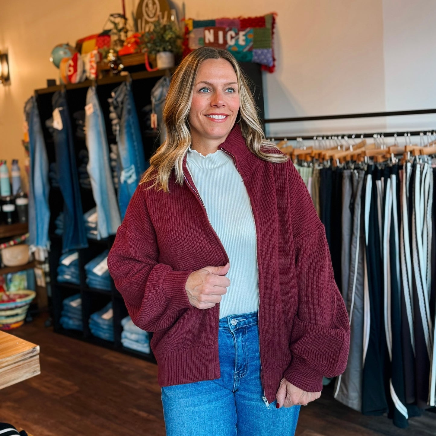 Burgundy Zip Up Oversized Cardigan
