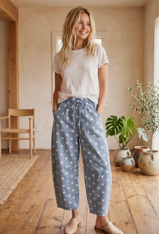 Polka Dot Denim Wide Leg Pants