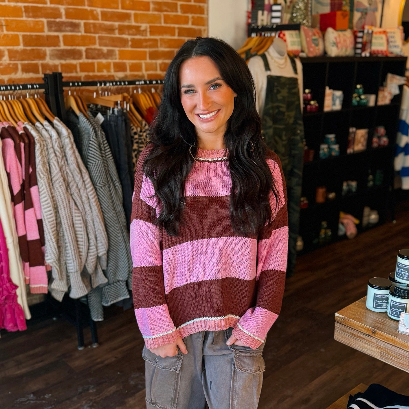 Pink & Brown Drop Shoulder Stripe Sweater
