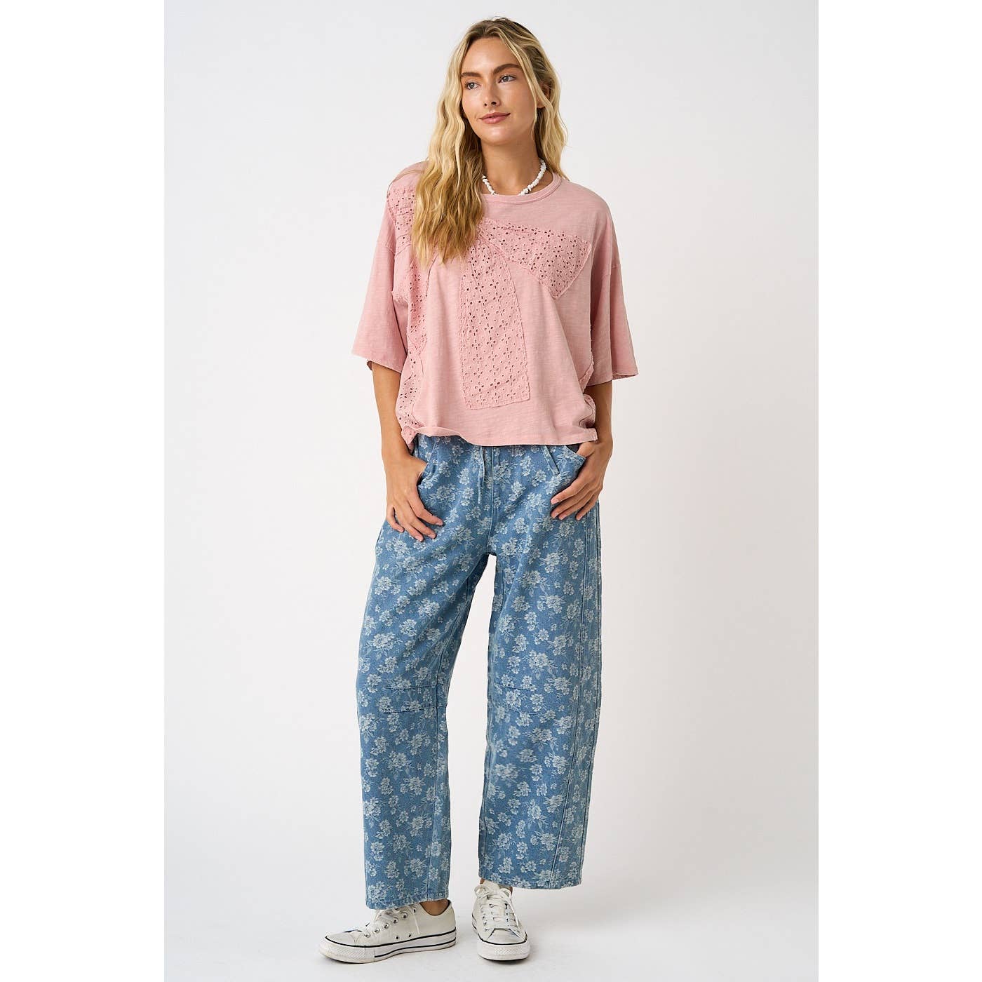Floral Print Elastic Waist Barrel Jeans