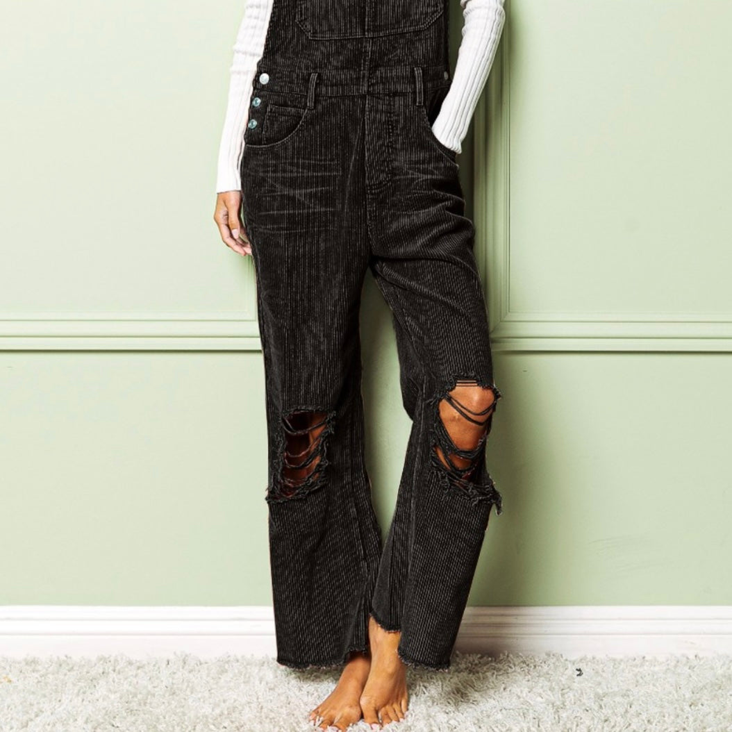 Corduroy Distressed Vintage Wash Overalls in Black Charcoal