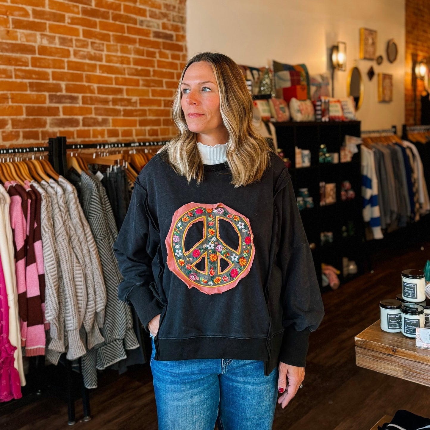 Embroidered Peace Sign Washed Pullover Knit Top