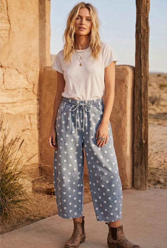 Polka Dot Denim Wide Leg Pants