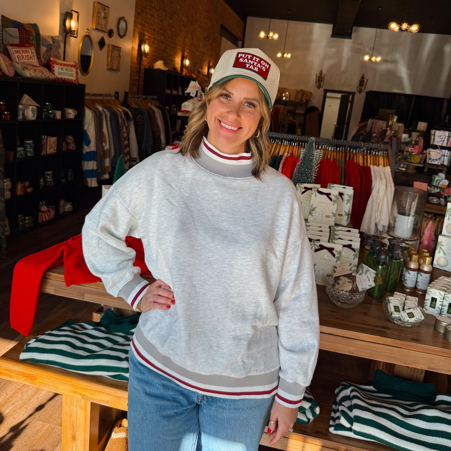 Striped Rib Band Mock Neck Sweatshirt Top