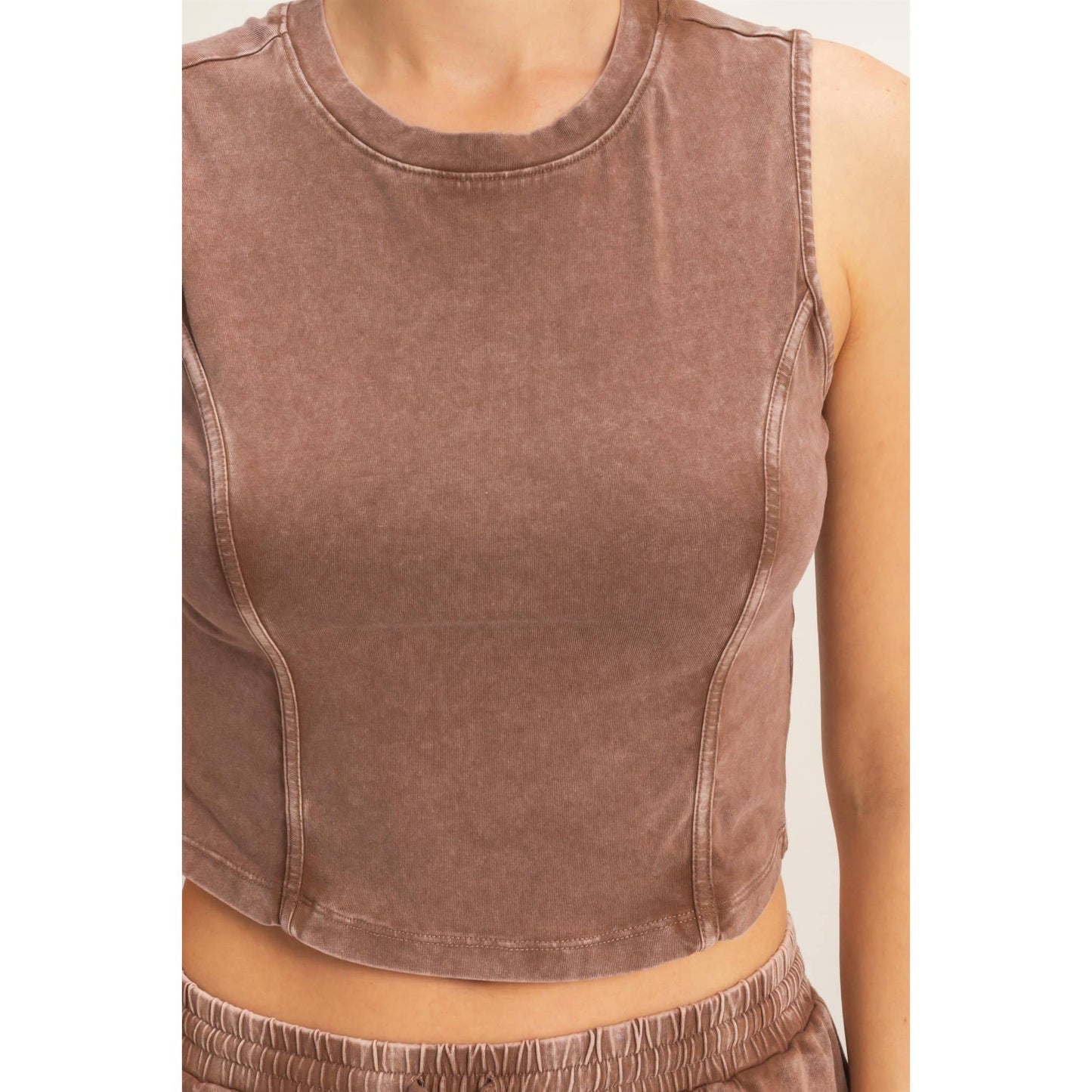 Mineral Washed Sleeveless Top & Wide Leg Pants Set in Chocolate