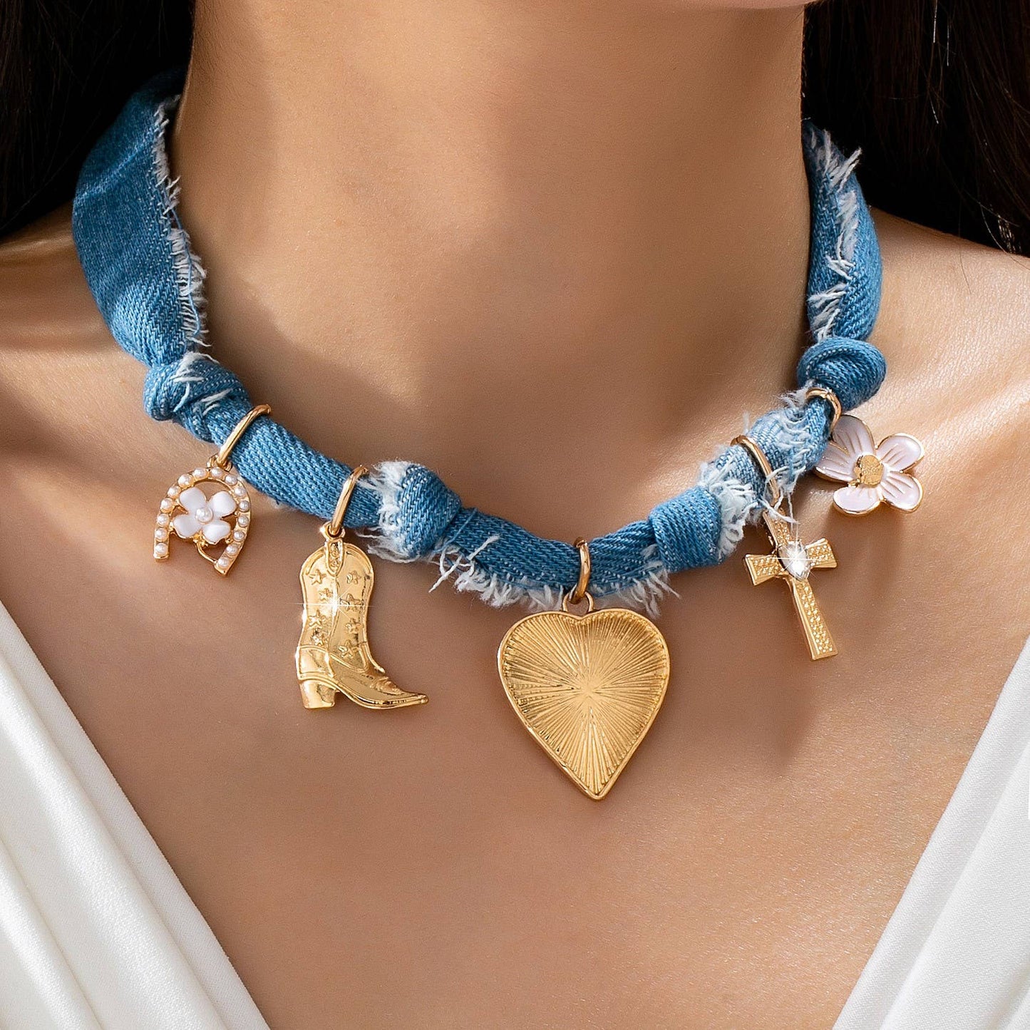 Western Denim Cowboy Boot & Cross Charm Necklace