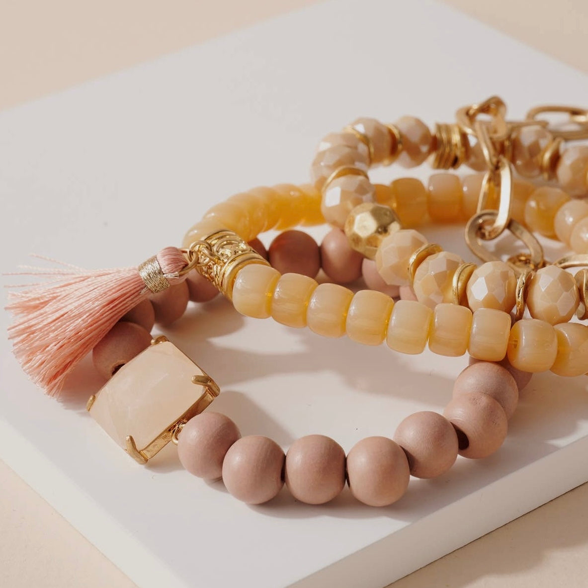 Stone Bead Tassel Bracelet Set