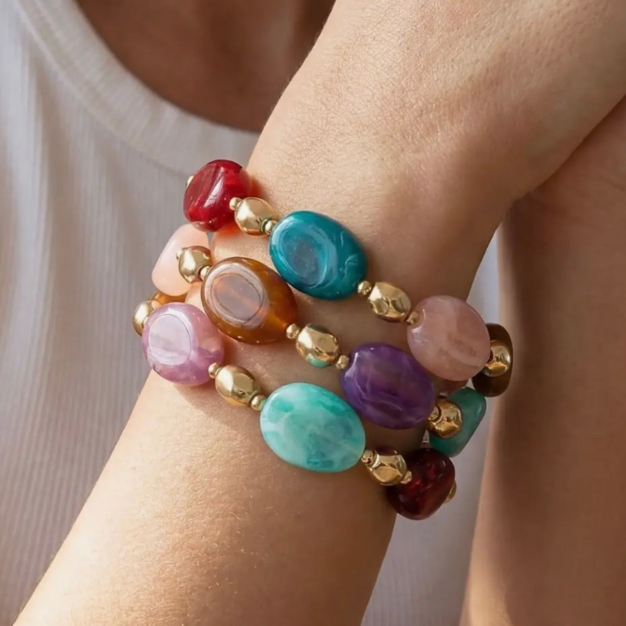 Irregular Marble Resin & Metallic Beaded Bracelet Set