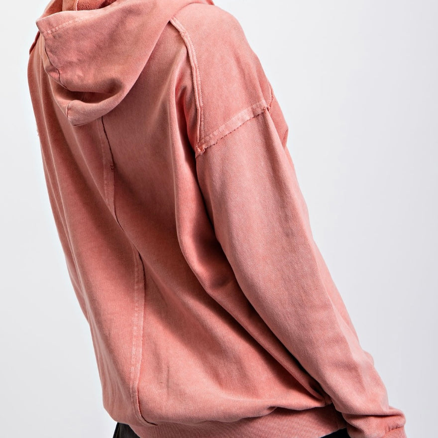 Washed Terry Knit Pullover Hoodie in Coral
