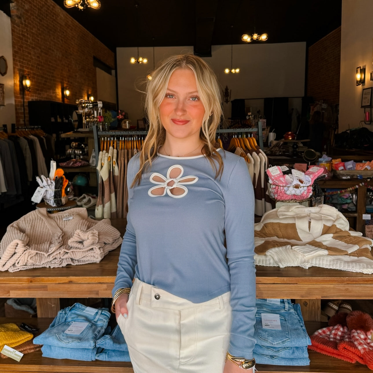 Dusty Blue Floral Cutout Ribbed Top