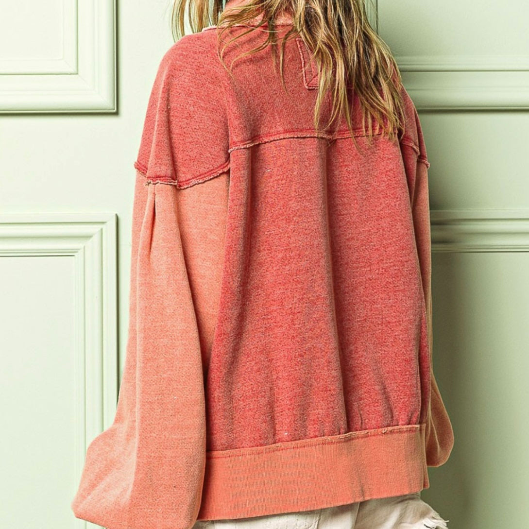 Vintage Washed Half Zip Up Pullover in Coral