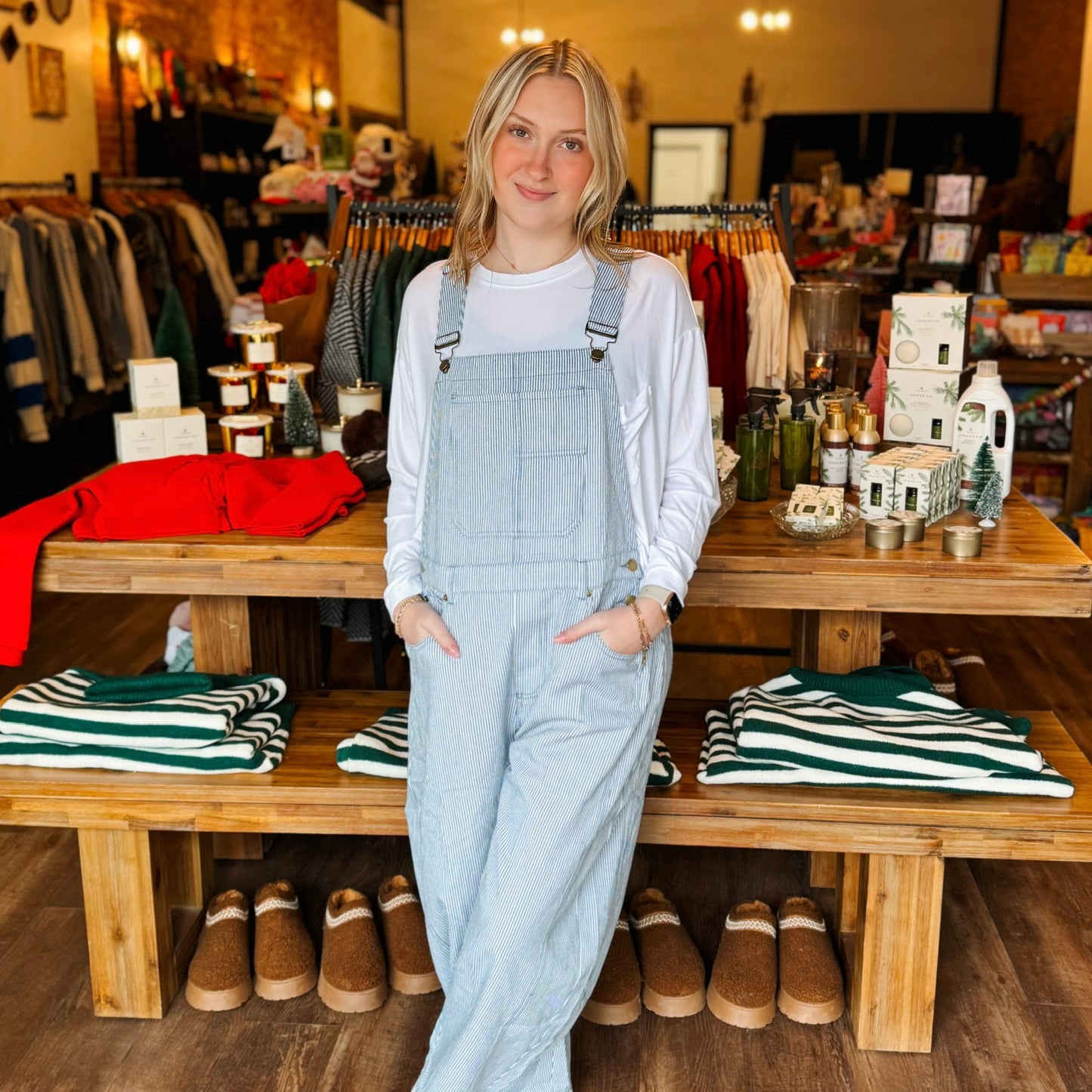 Light Blue Pinstripe Barrel Leg Overalls