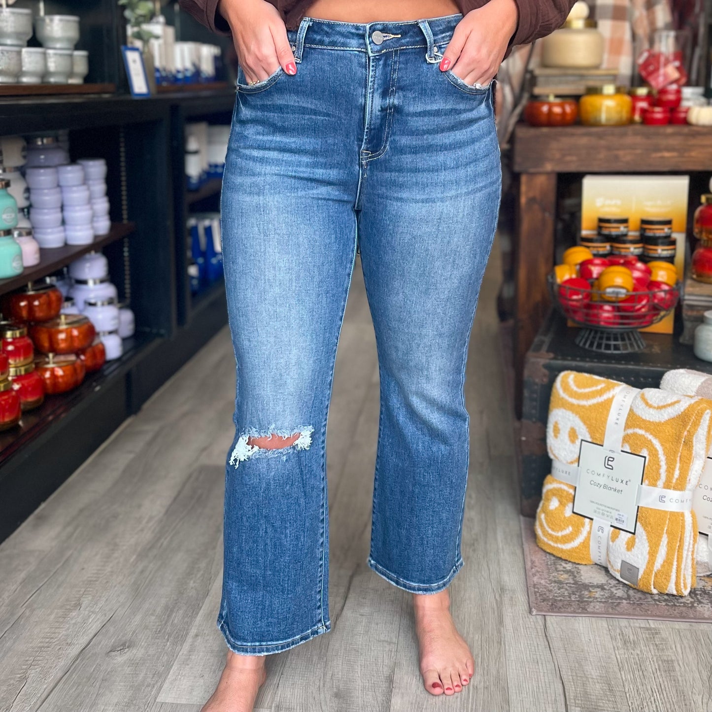 Risen High Rise Distressed Ankle Flare Jeans