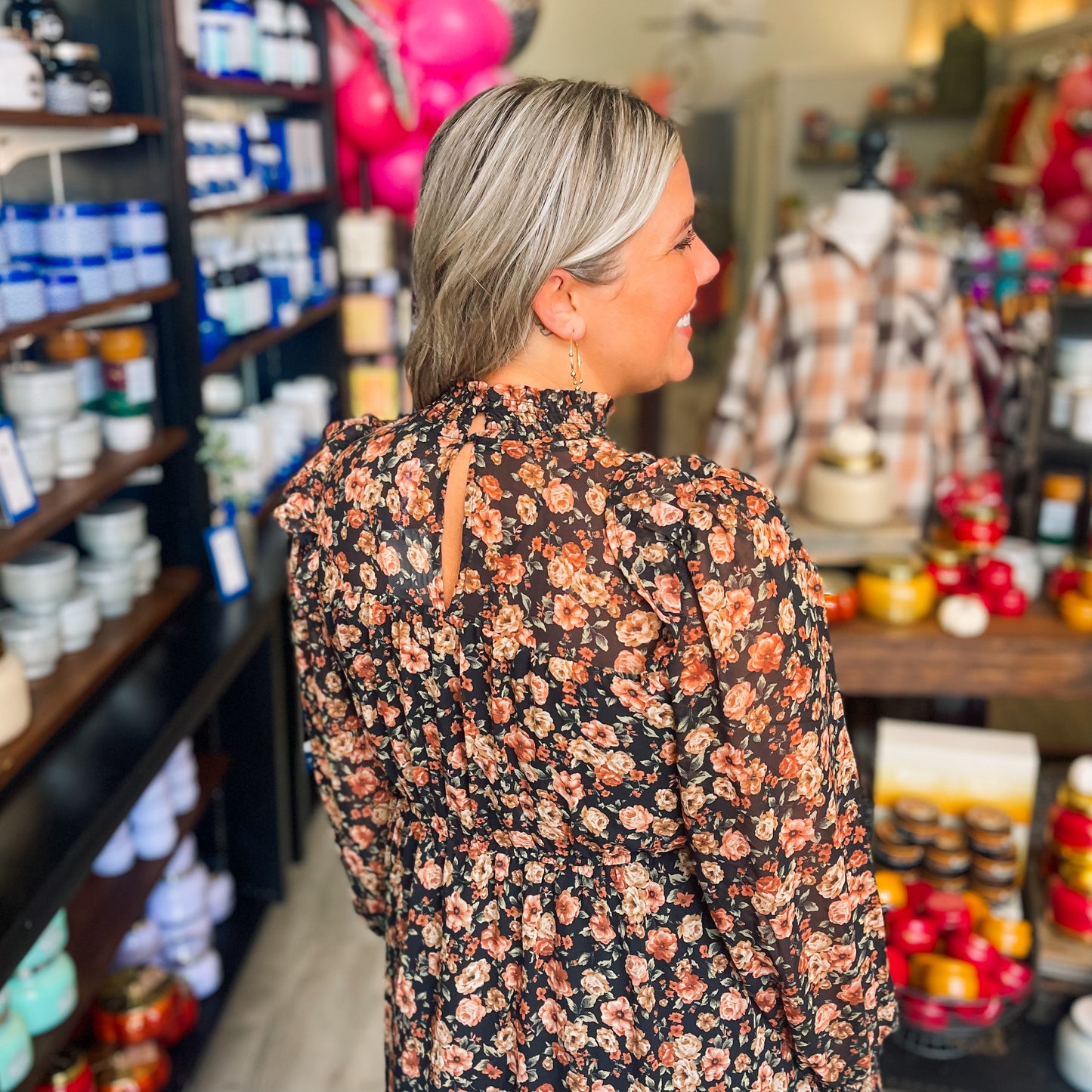 Mock Neck Floral Midi Dress
