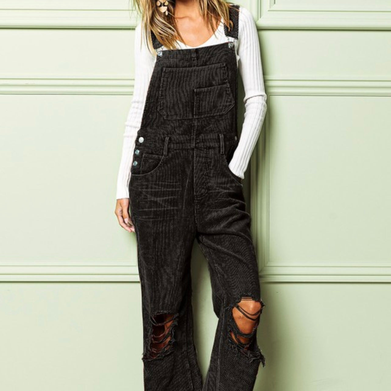 Corduroy Distressed Vintage Wash Overalls in Black Charcoal