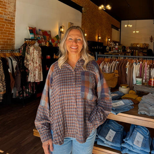Navy & Brown Mix Plaid Flannel Top