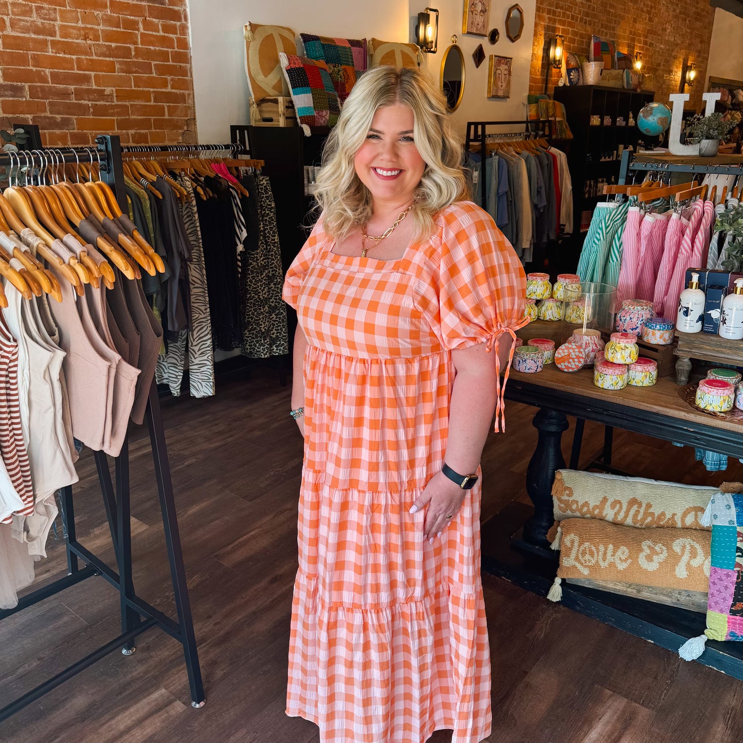 Check Pattern Puff Sleeve Maxi Dress