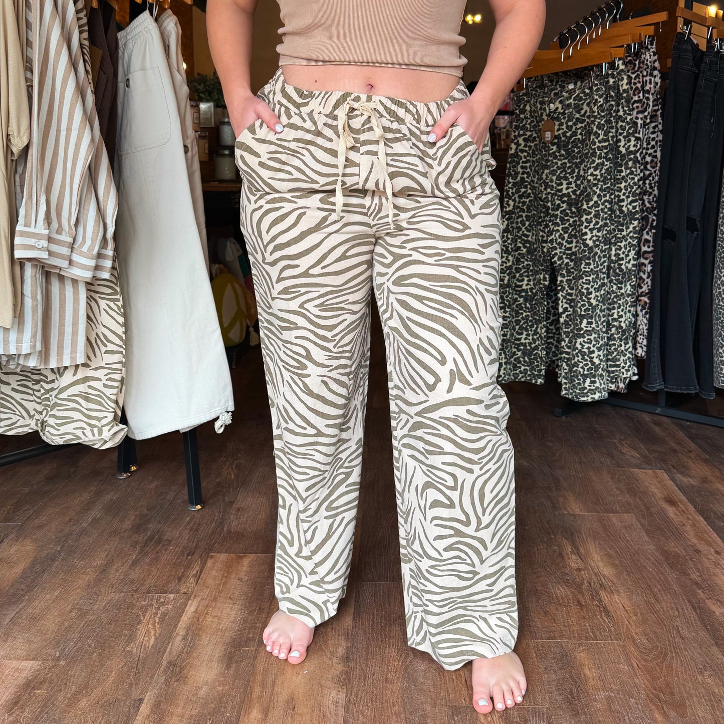 Taupe Zebra Linen Wide Leg Pants