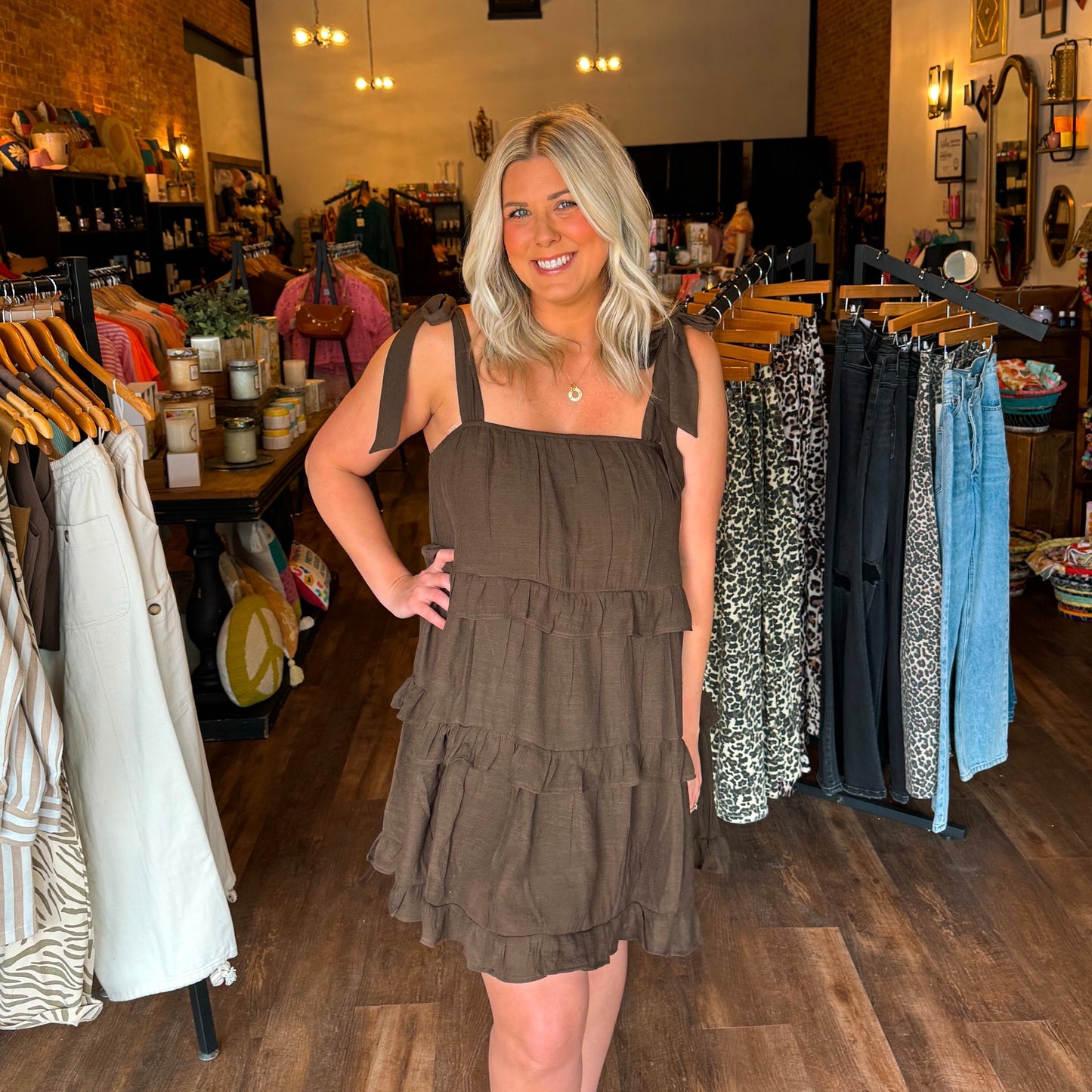 Mocha Tie Ruffle Tiered Mini Dress