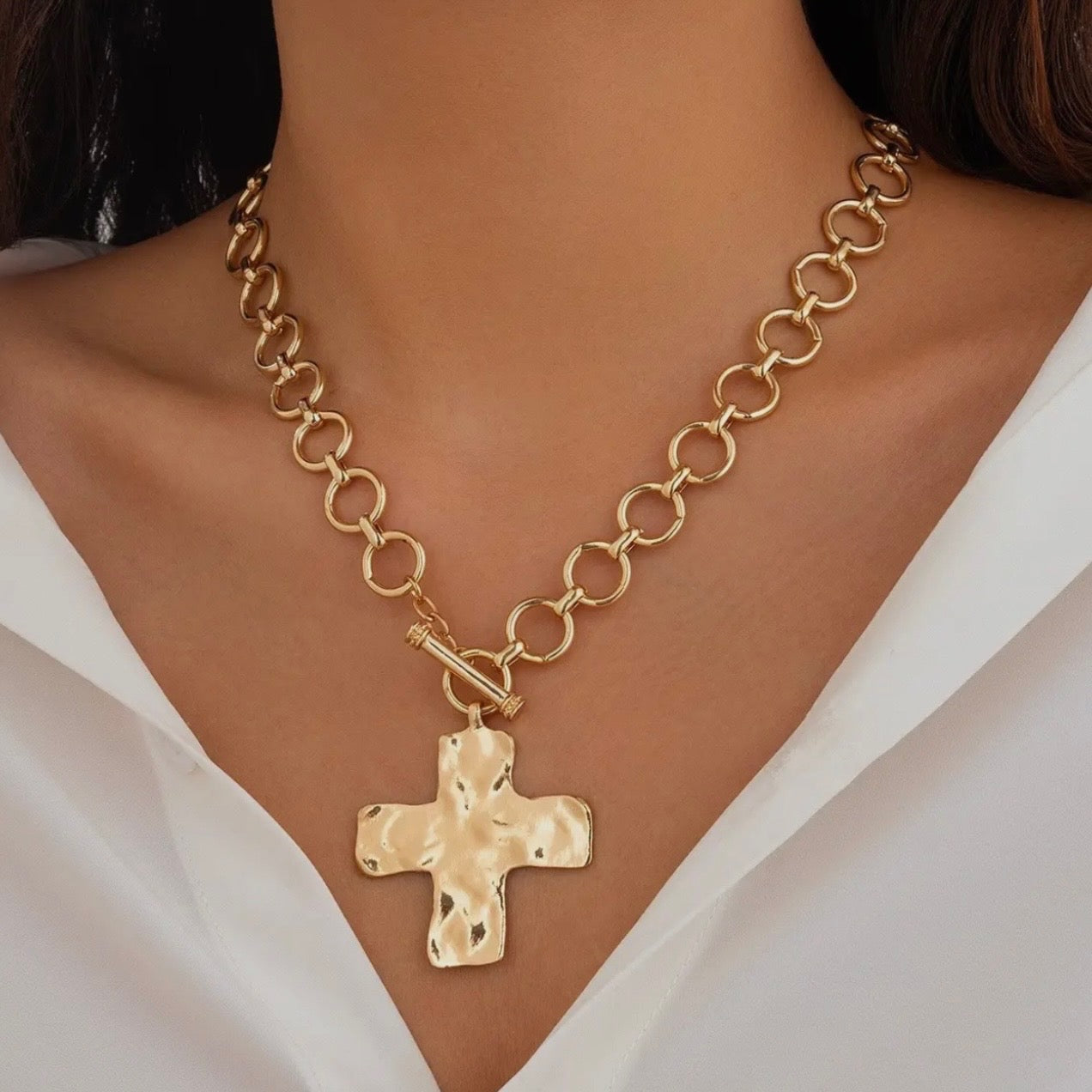 Hammered Cross Front Toggle Necklace