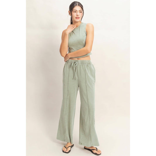Mineral Washed Sleeveless Top & Wide Leg Pants Set in Sage Green
