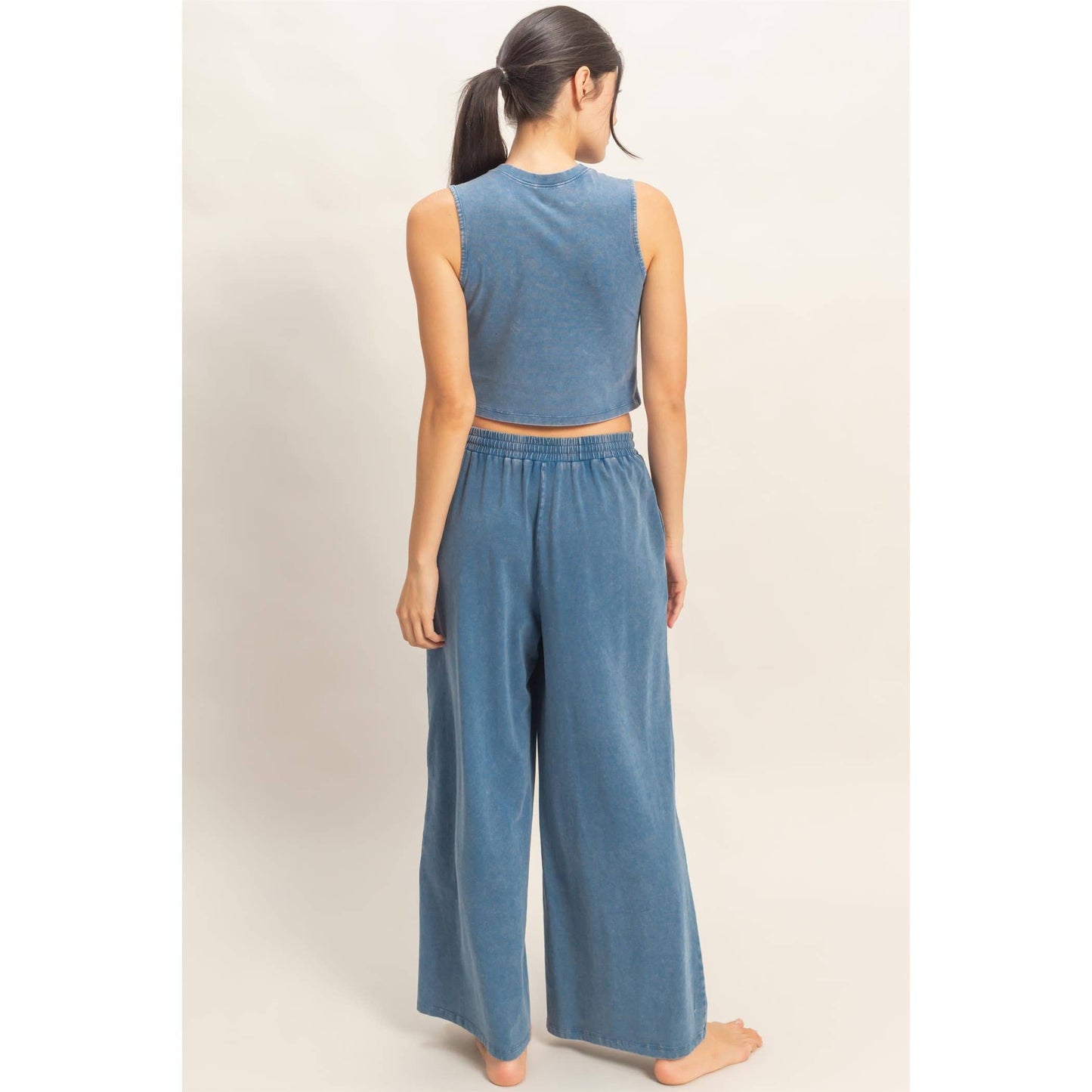 Mineral Washed Sleeveless Top & Wide Leg Pants Set in Denim