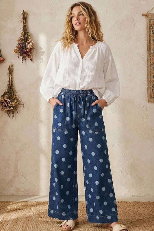 Polka Dot Denim Wide Leg Pants