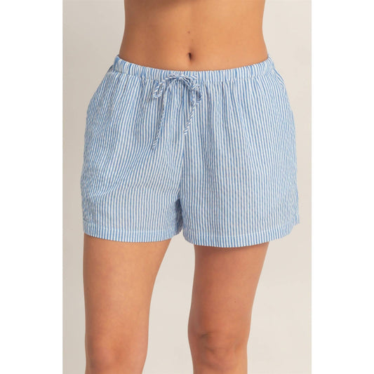 Blue Striped Drawstring Waist Shorts