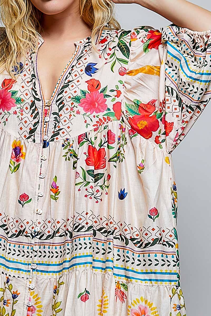 Boho Deep V-Neck Floral Balloon Sleeve Dress