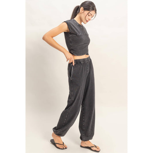 Rolled Sleeve Wrap-Front Crop Top And Jogger Set in Black