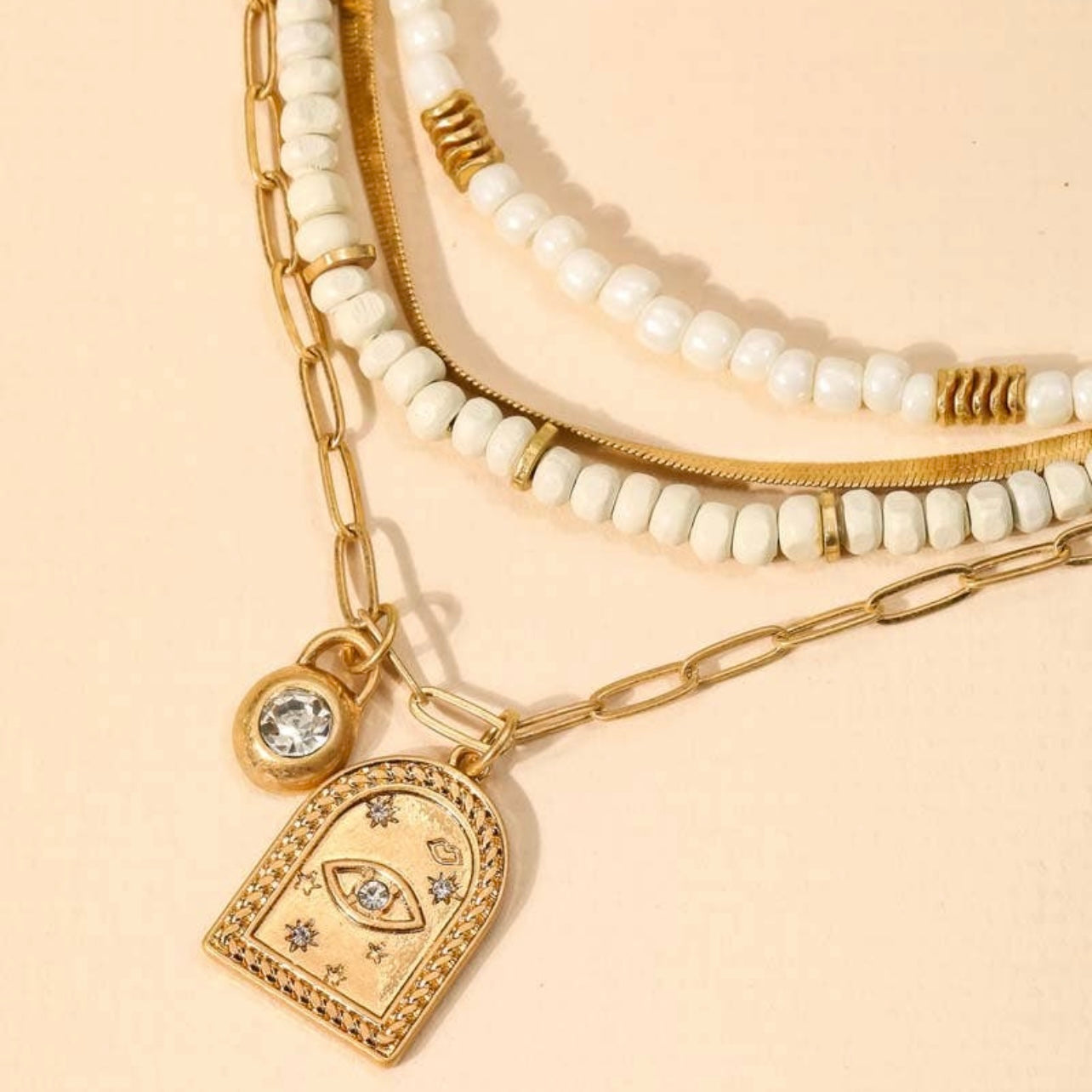 Layered Bead Evil Eye Coin Necklace