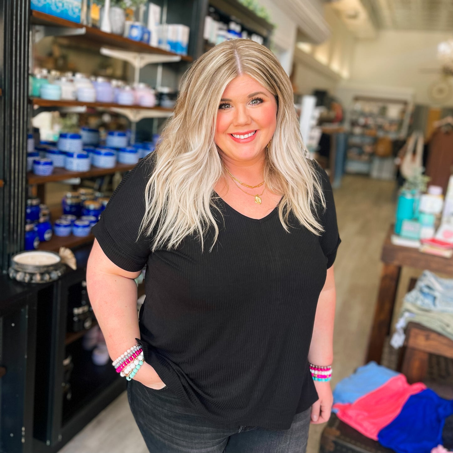 Plus Ribbed V-Neck Top