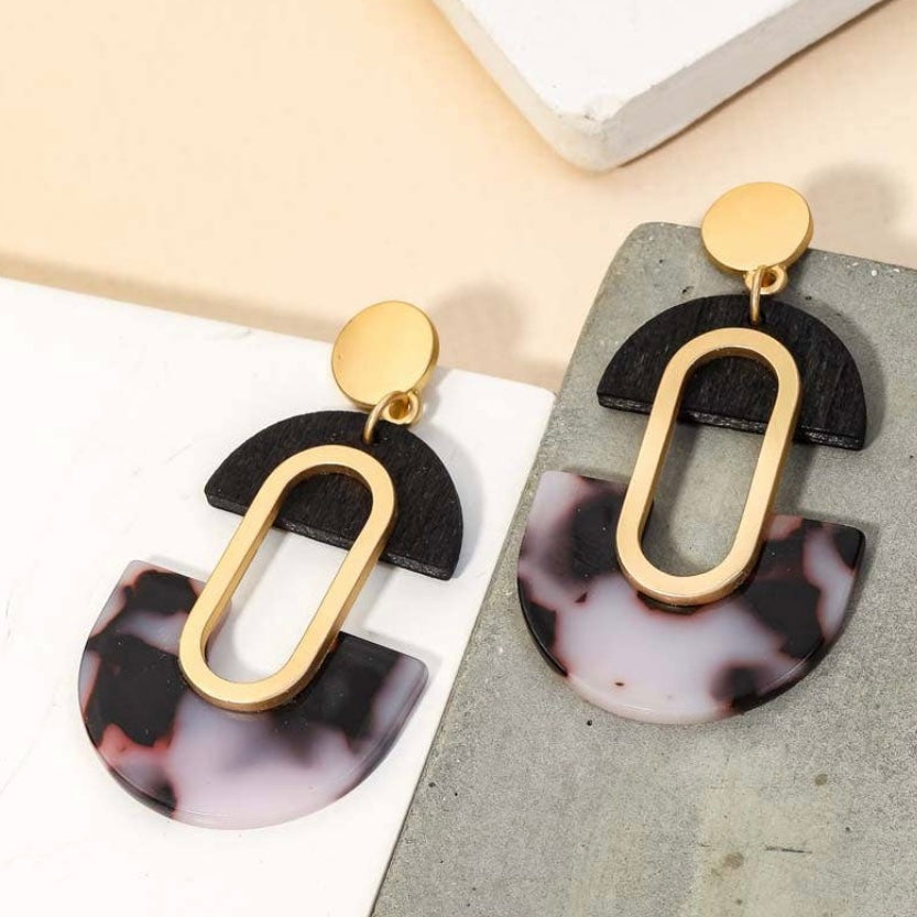 Wooden Rectangle Semi Circle Drop Earrings