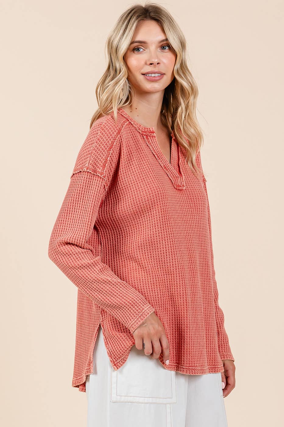 Mineral Wash Waffle Knit V-Neck Long Sleeve Top