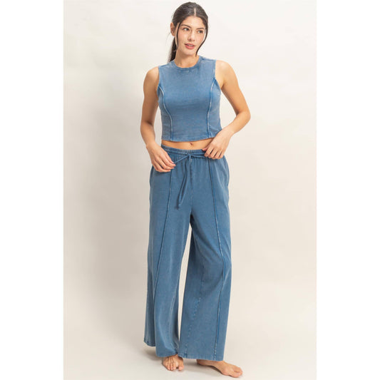 Mineral Washed Sleeveless Top & Wide Leg Pants Set in Denim