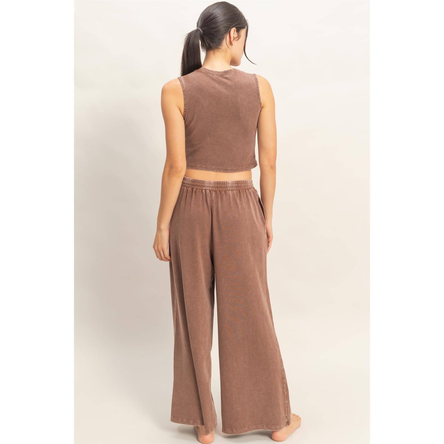 Mineral Washed Sleeveless Top & Wide Leg Pants Set in Chocolate