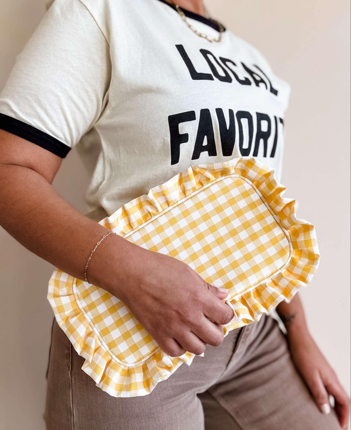 Gingham Ruffle Zipper Pouch Cosmetic Bag
