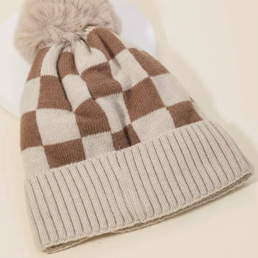 Checkered Pattern Pom Beanie