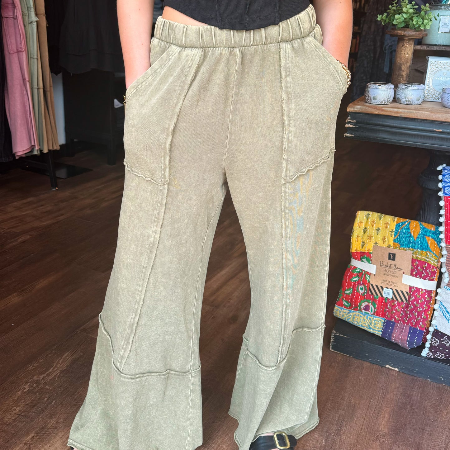 Olive Mineral Wash Wide Flared Lounge Pants