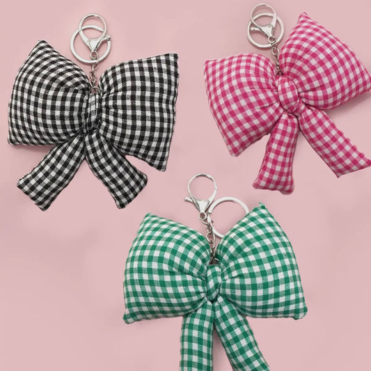 Puffy Checker Bow Ribbon Bag Charm Keychain