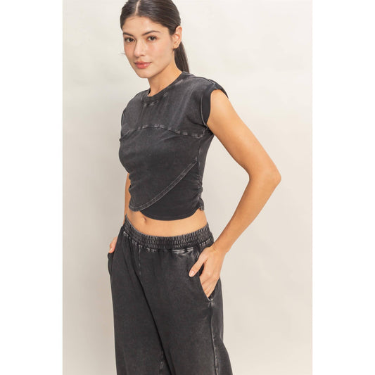 Rolled Sleeve Wrap-Front Crop Top And Jogger Set in Black
