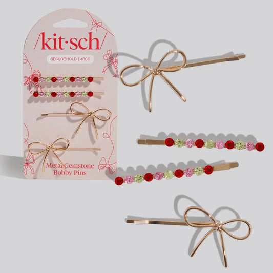Kitsch Holiday Gemstone and Bow Bobby Pin 4pc Set