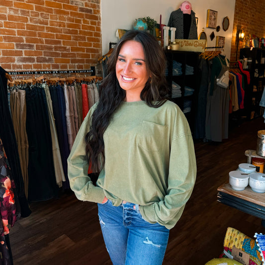 Oversized Washed Long Sleeve Pocket Tee