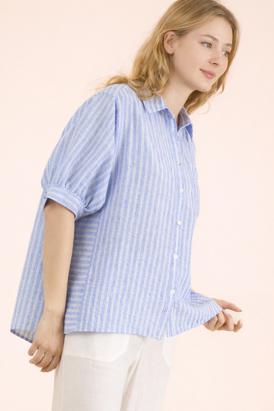 Stripe Half Puff Sleeve Shirt Top